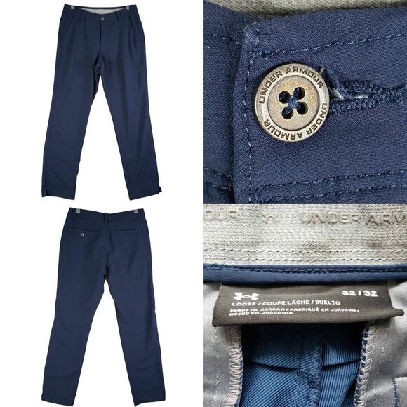 Under Armour UA Golf Pants Mens Size 32x32 Navy Blue Chino Flat Front Loose Fit - Picture 1 of 9